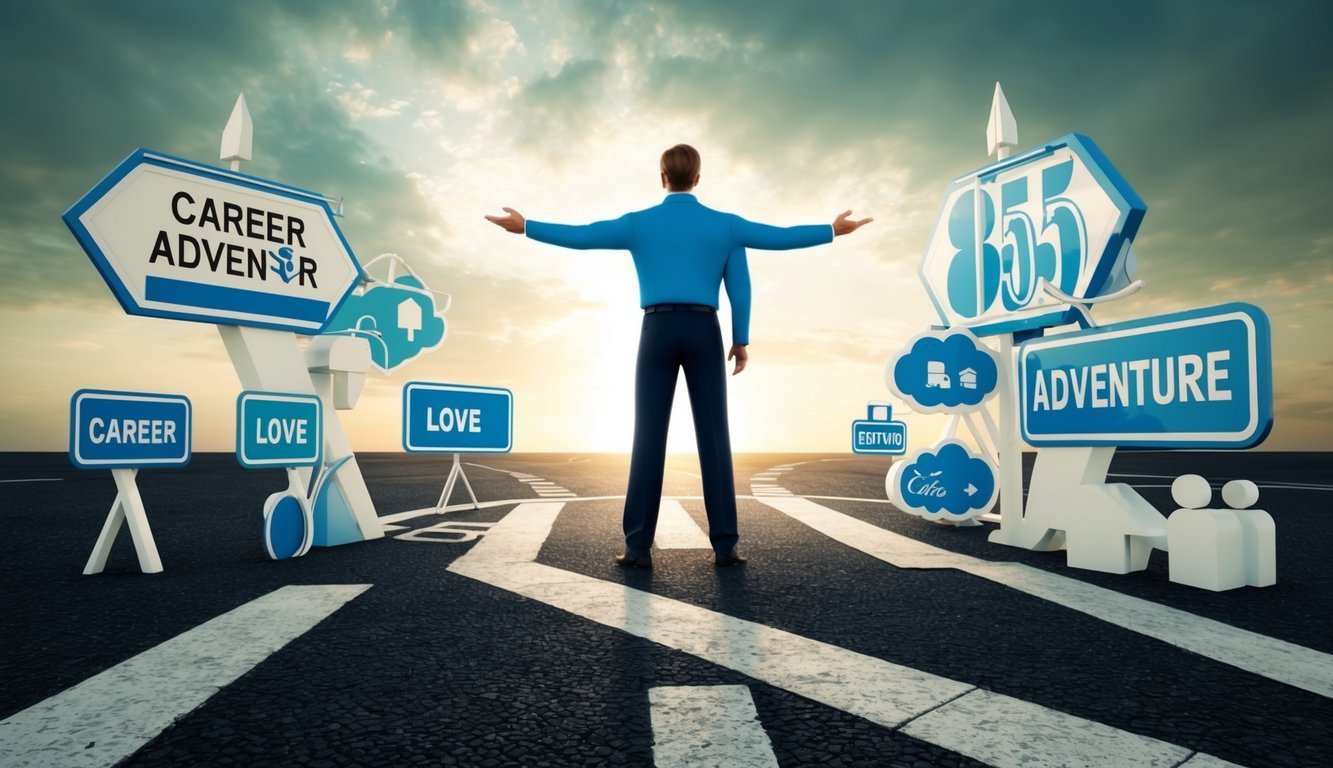 A figure standing at a crossroads, surrounded by symbols of career, love, and adventure.</p><p>The number 855 is prominently displayed, with a gentle, guiding presence felt throughout the scene