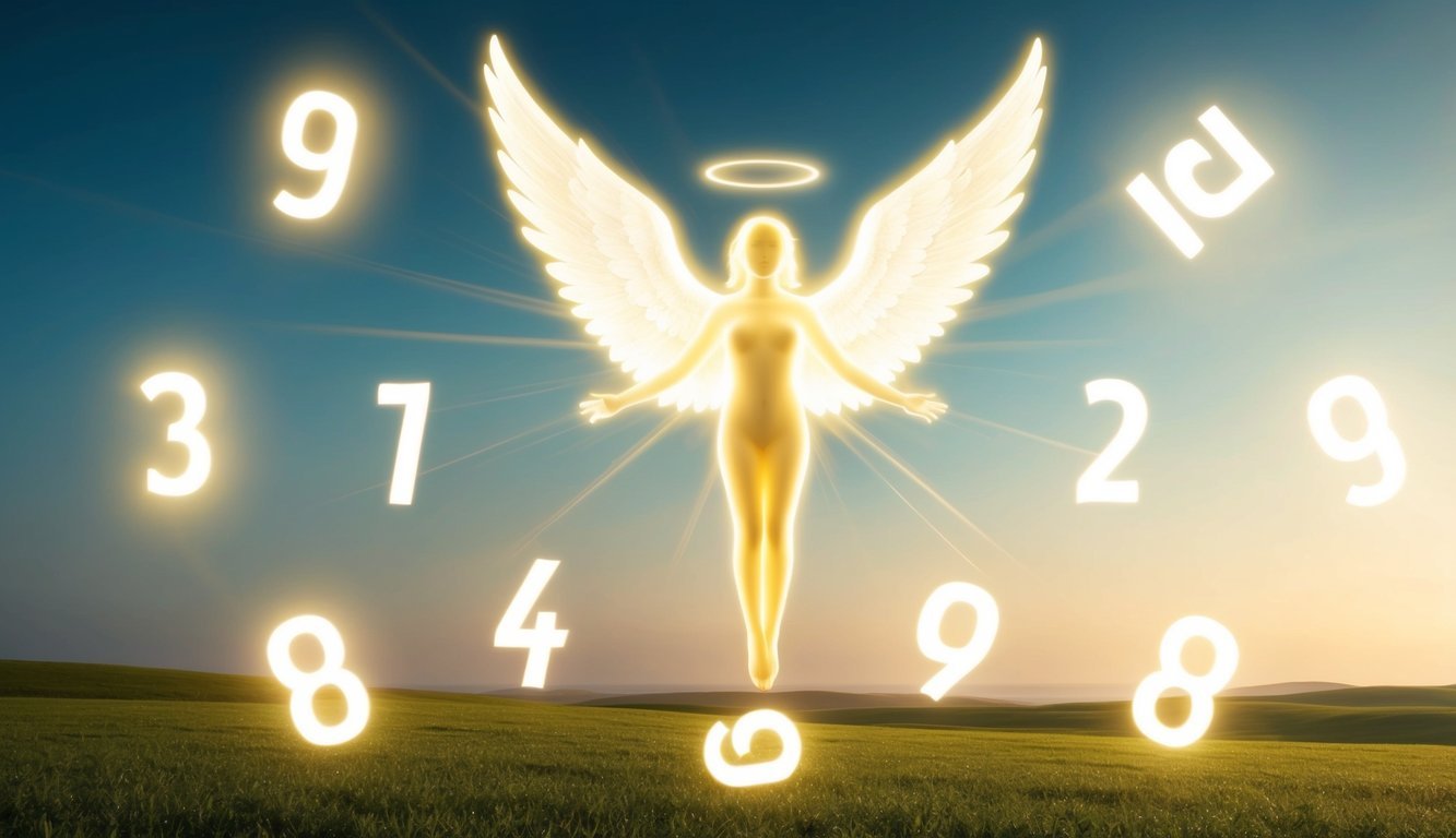 A glowing angelic figure hovers over a serene landscape, surrounded by shimmering numbers and symbols