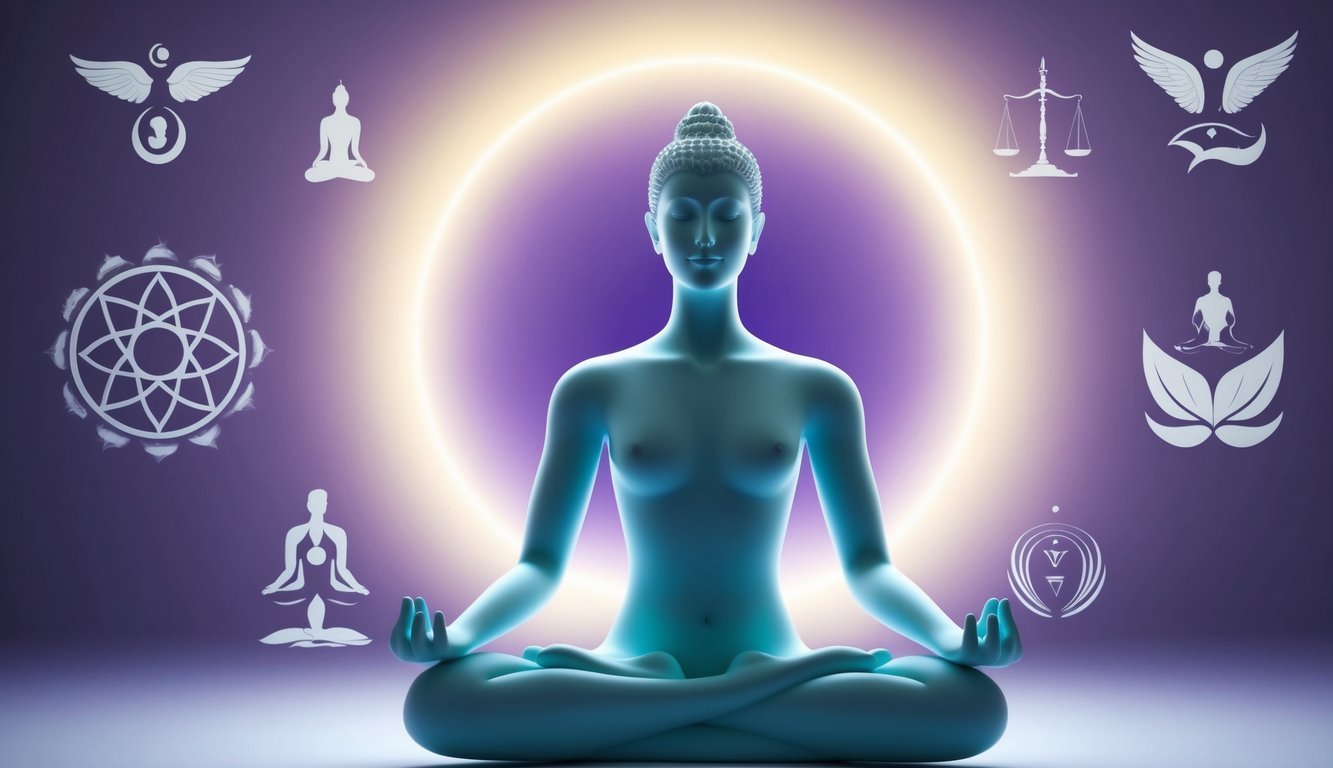 A serene figure meditates under a glowing halo, surrounded by symbols of spiritual growth and enlightenment