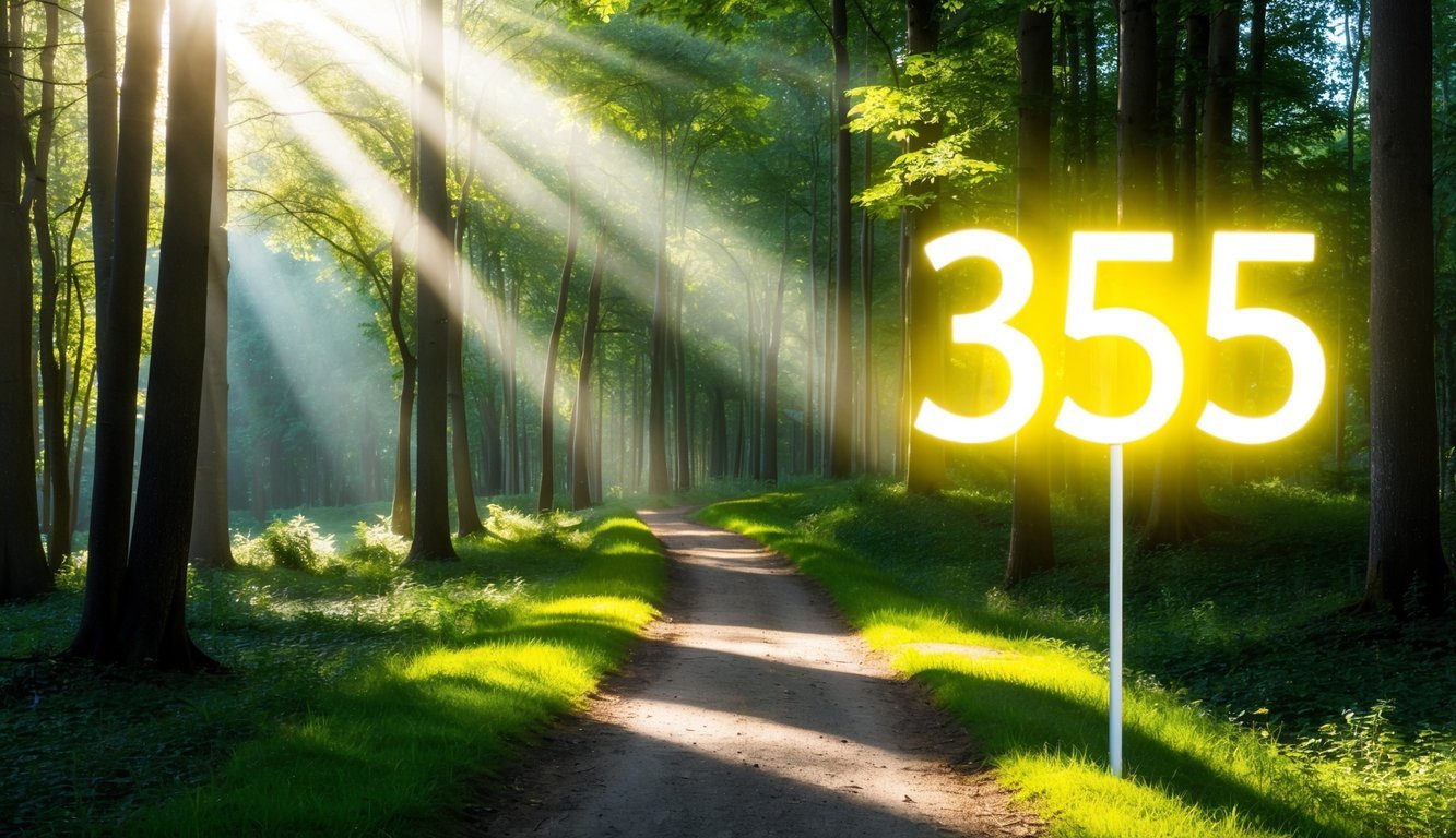 A serene forest with a beam of sunlight shining through the trees, illuminating a path leading towards a glowing number 355