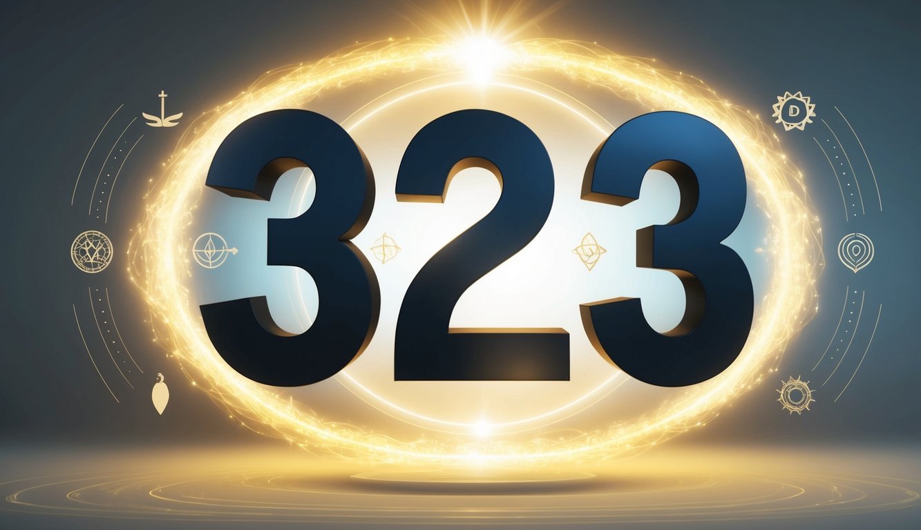 A glowing halo of light surrounds the numbers 323, emitting waves of energy and symbols representing guidance and protection