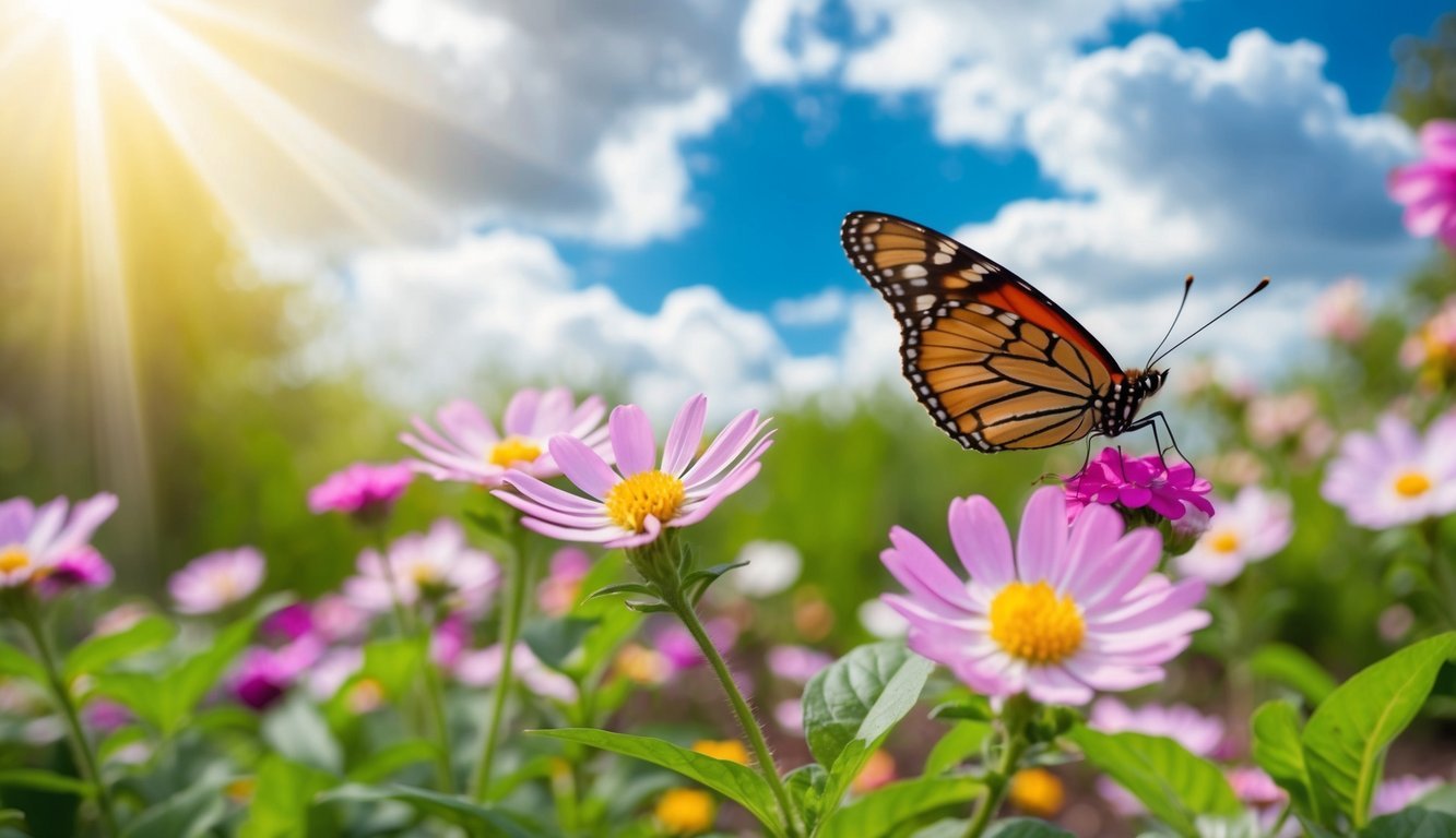 A garden with blooming flowers and a butterfly resting on a leaf, while a beam of sunlight breaks through the clouds