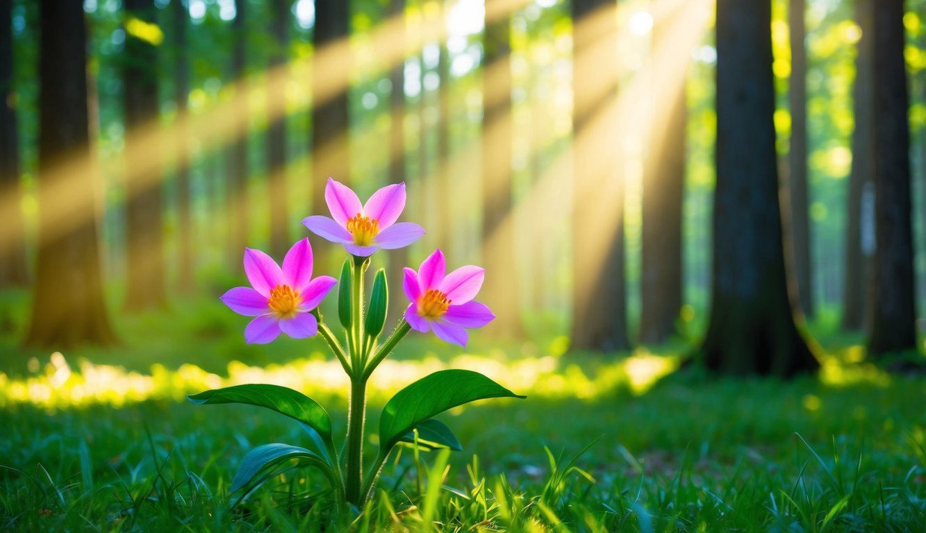 A serene forest clearing, with beams of golden light filtering through the trees onto a cluster of three vibrant, blooming flowers, each with five delicate petals