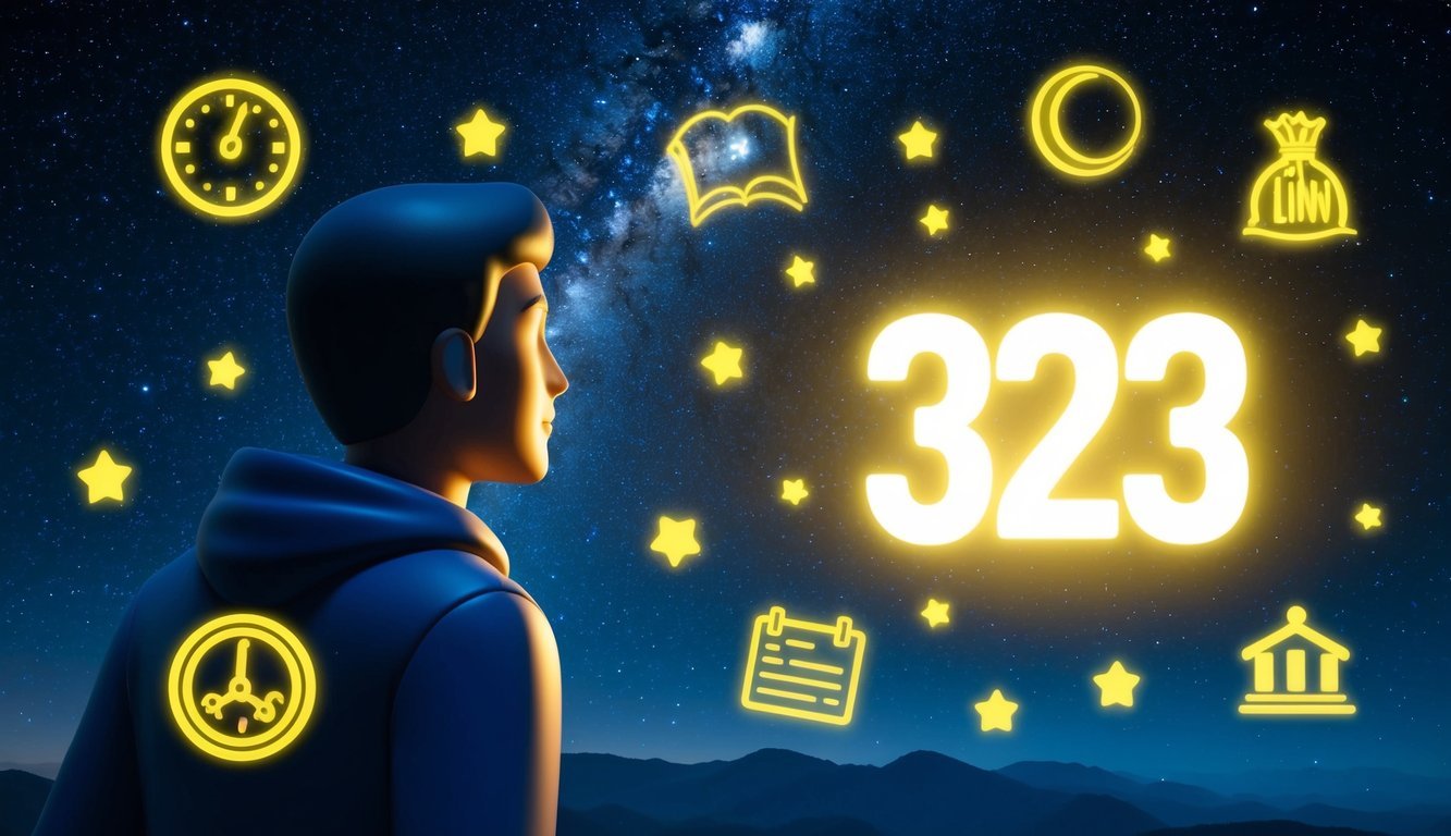 A figure gazes at a night sky filled with stars and a glowing number 323, surrounded by symbols of dreams and achievements
