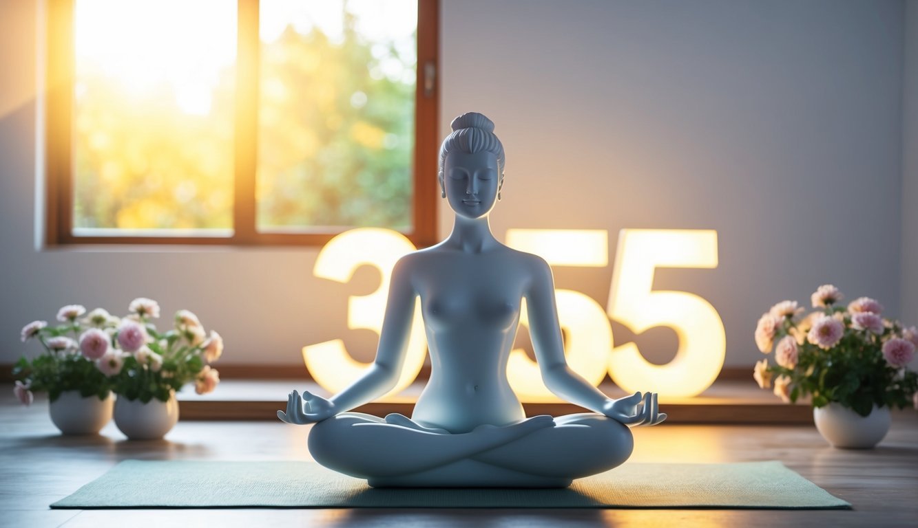 A serene figure meditating in a sunlit room, surrounded by blooming flowers and a glowing 355 angel number