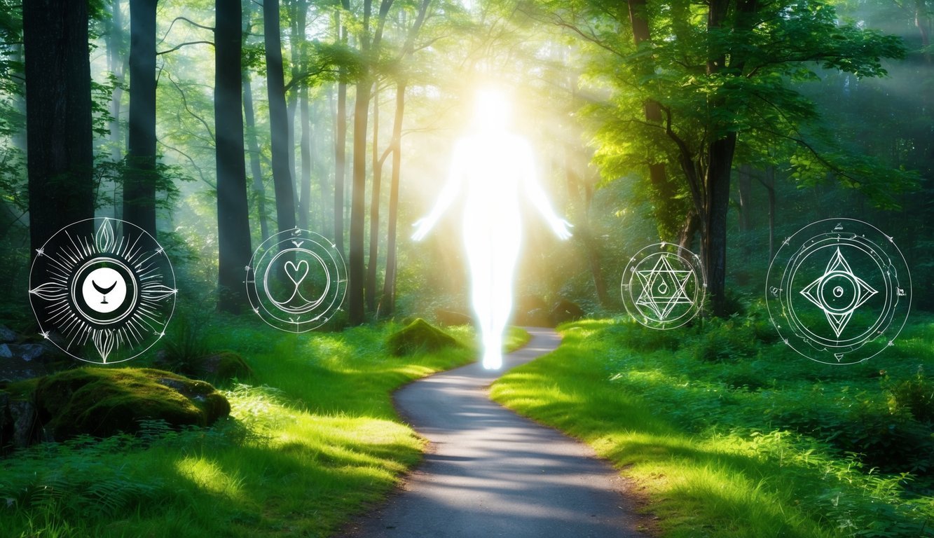 A serene path winds through a lush forest, sunlight filtering through the trees.</p><p>A glowing, ethereal figure hovers above, surrounded by symbols of spiritual guidance