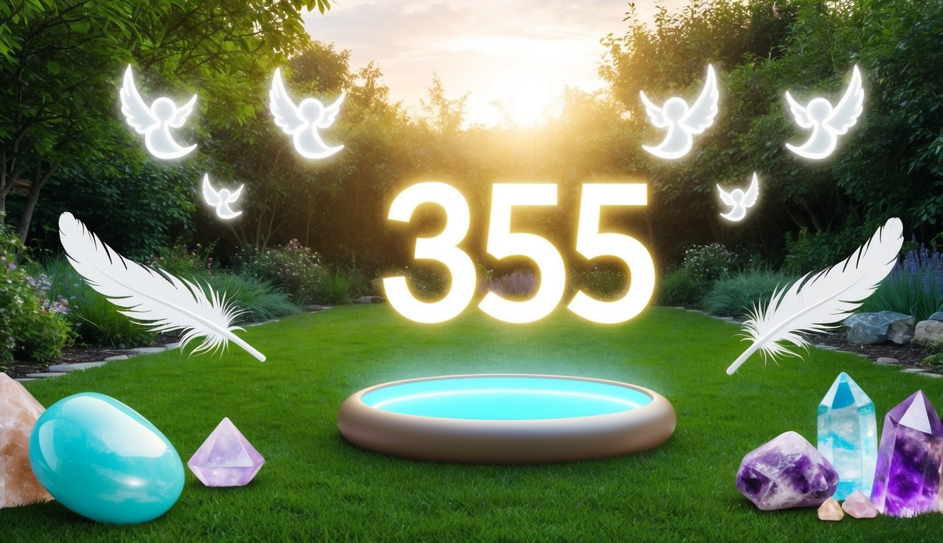 A serene garden with a glowing 355 and angelic symbols floating in the air, surrounded by spiritual elements like feathers and crystals