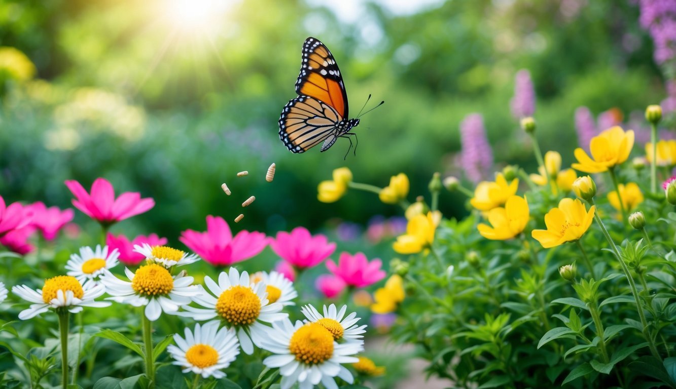 A lush garden with blooming flowers and a butterfly emerging from its chrysalis, symbolizing personal growth and self-expression