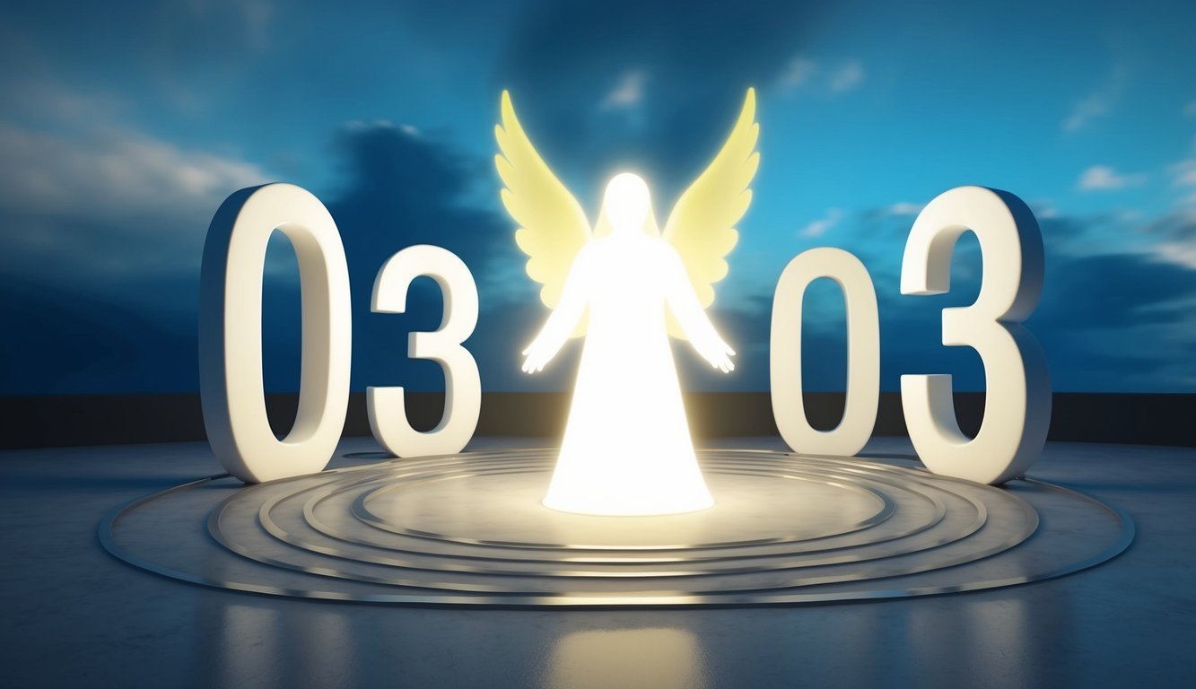 A glowing angelic figure surrounded by the numbers 0303, with a sense of curiosity and wonder in the air