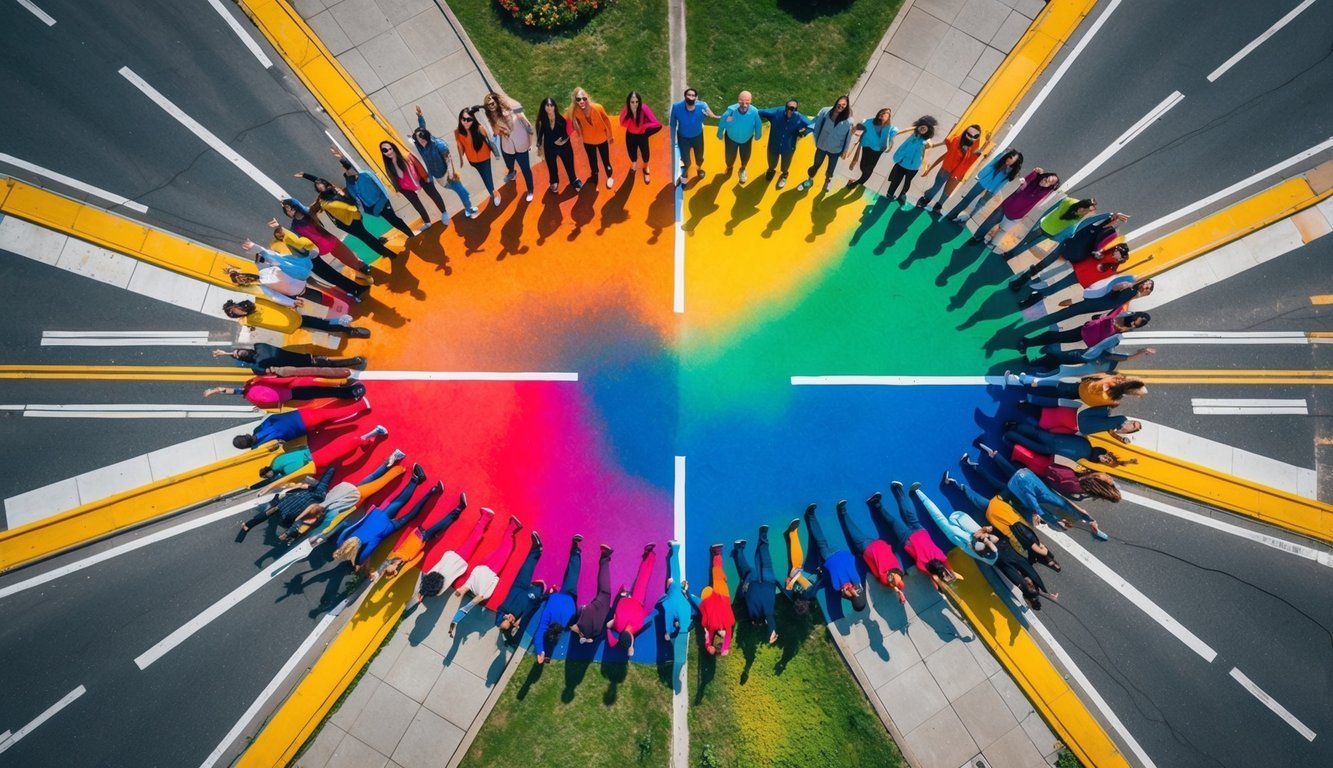 Vibrant colors blend at the intersection, radiating energy and harmony