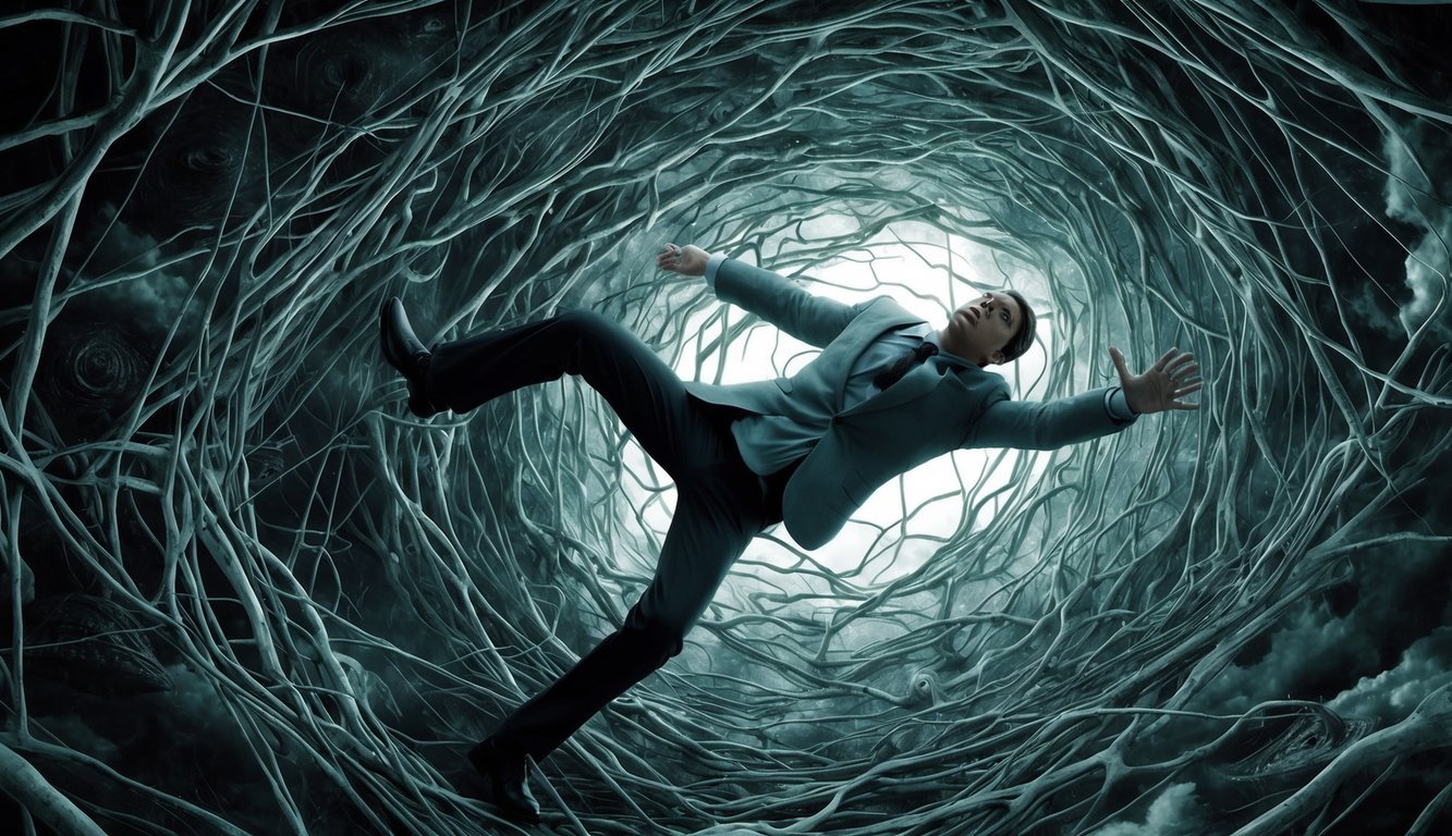 A figure struggles to escape from a tangled web of swirling, nightmarish imagery, with a sense of suffocating confinement