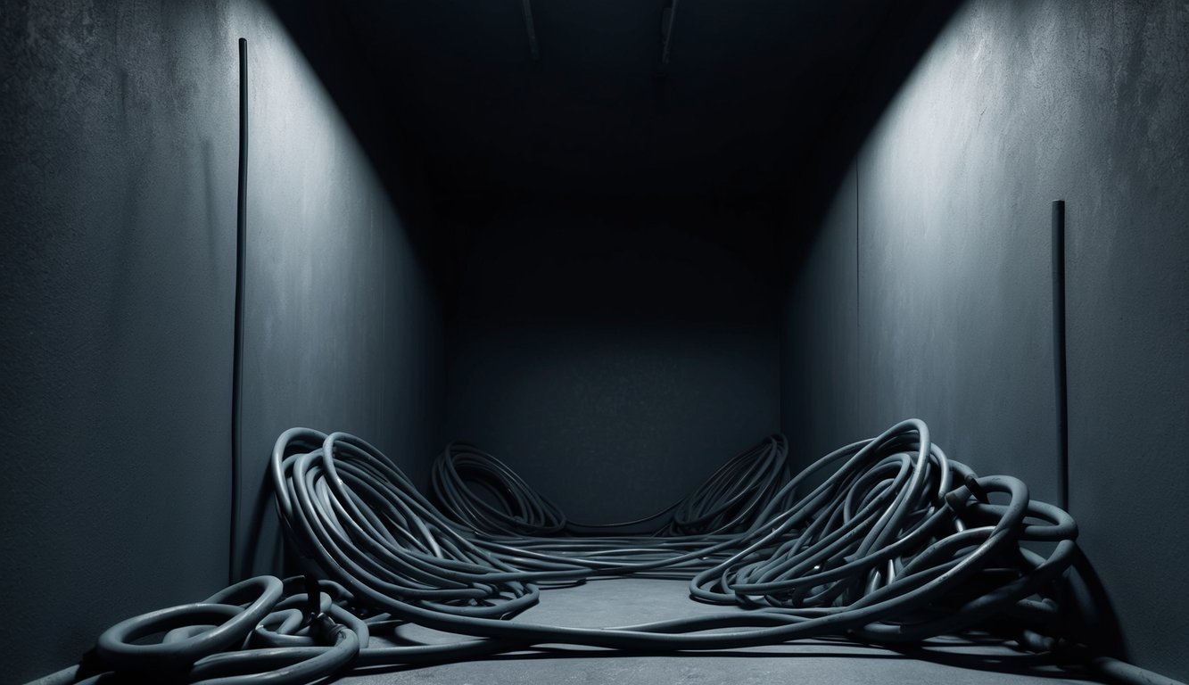 A dark, claustrophobic space with looming shadows and tangled, constricting objects