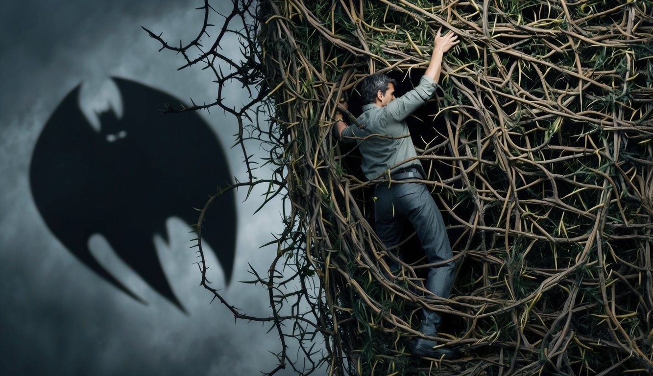 A figure trapped in a web of tangled, thorny vines, with a dark, menacing shadow looming overhead