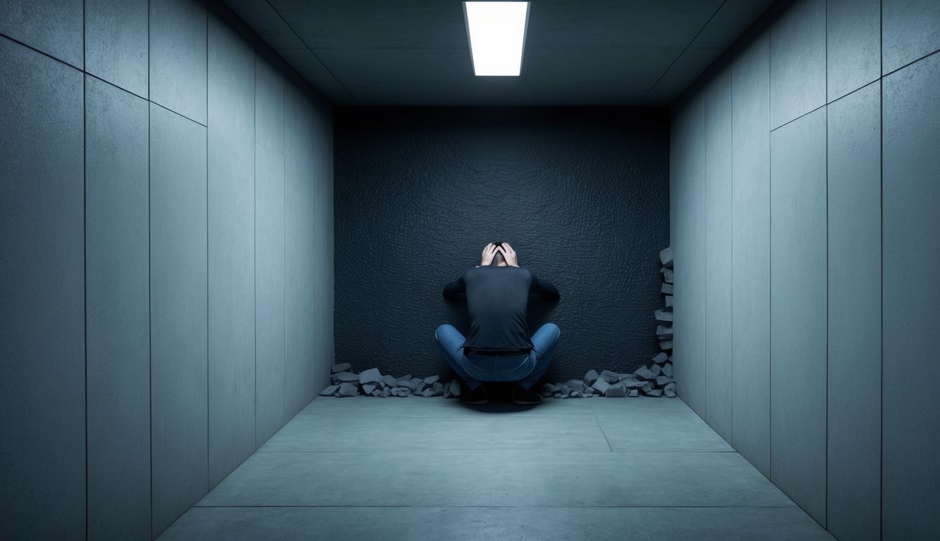 A person trapped in a confined space, surrounded by darkness and suffocating walls, with a sense of helplessness and fear