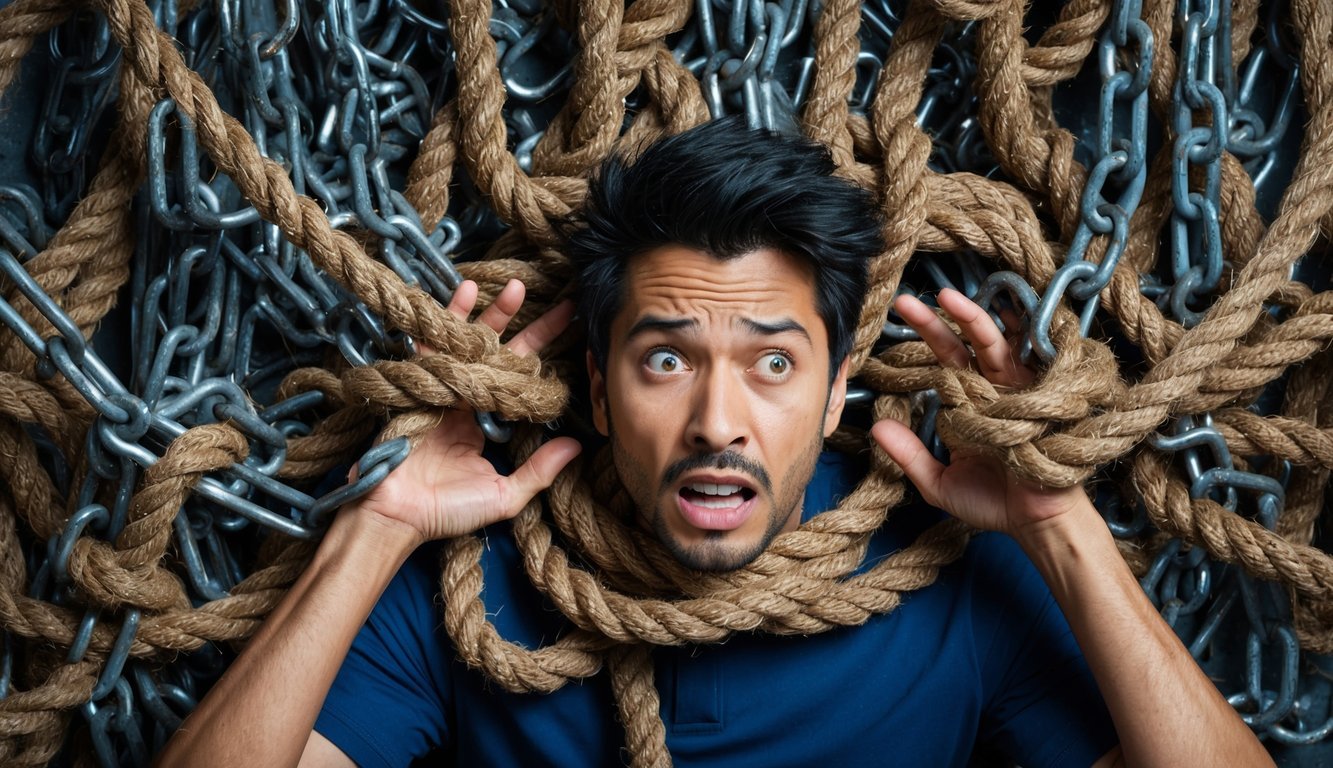 A person surrounded by tangled ropes and chains, with a look of fear and confusion on their face