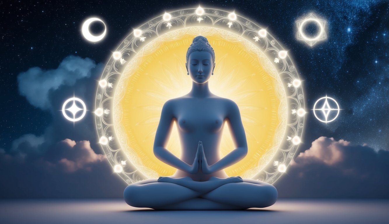 A serene figure stands under a glowing 11, surrounded by celestial symbols and a sense of spiritual enlightenment