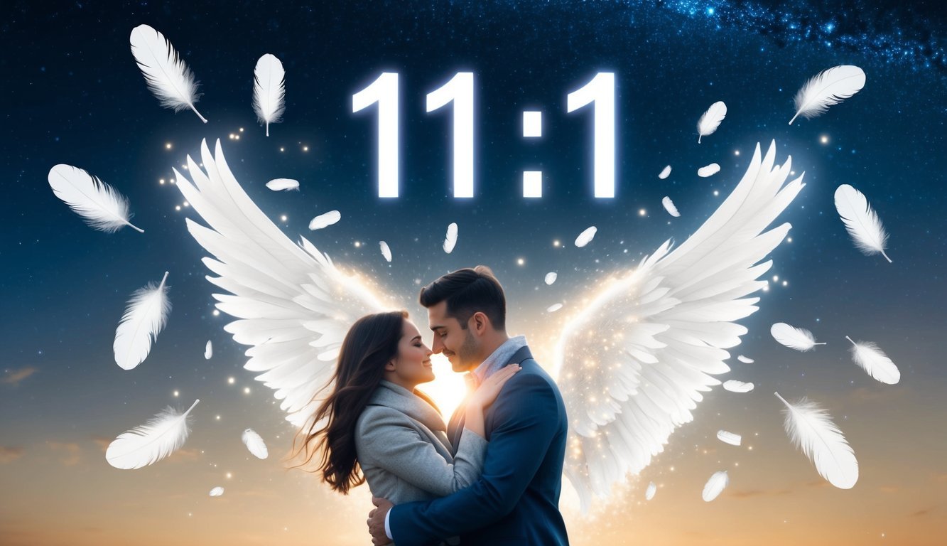 A couple embraces under a starry sky, surrounded by ethereal light and floating feathers, as the 11:11 angel number glows in the background