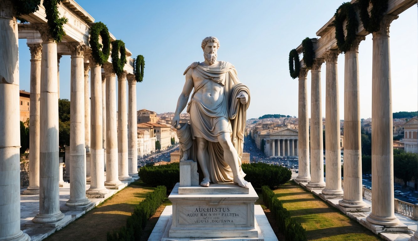 A grand marble statue of Augustus, surrounded by columns and adorned with laurel wreaths, overlooks a bustling ancient city