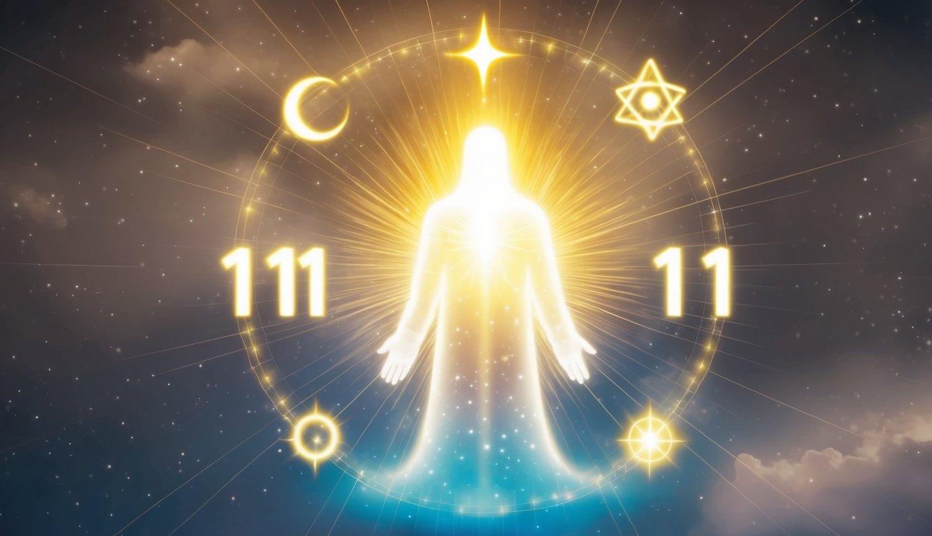A glowing figure surrounded by celestial symbols, with the number 11 prominently displayed, radiates a sense of mysticism and spiritual significance