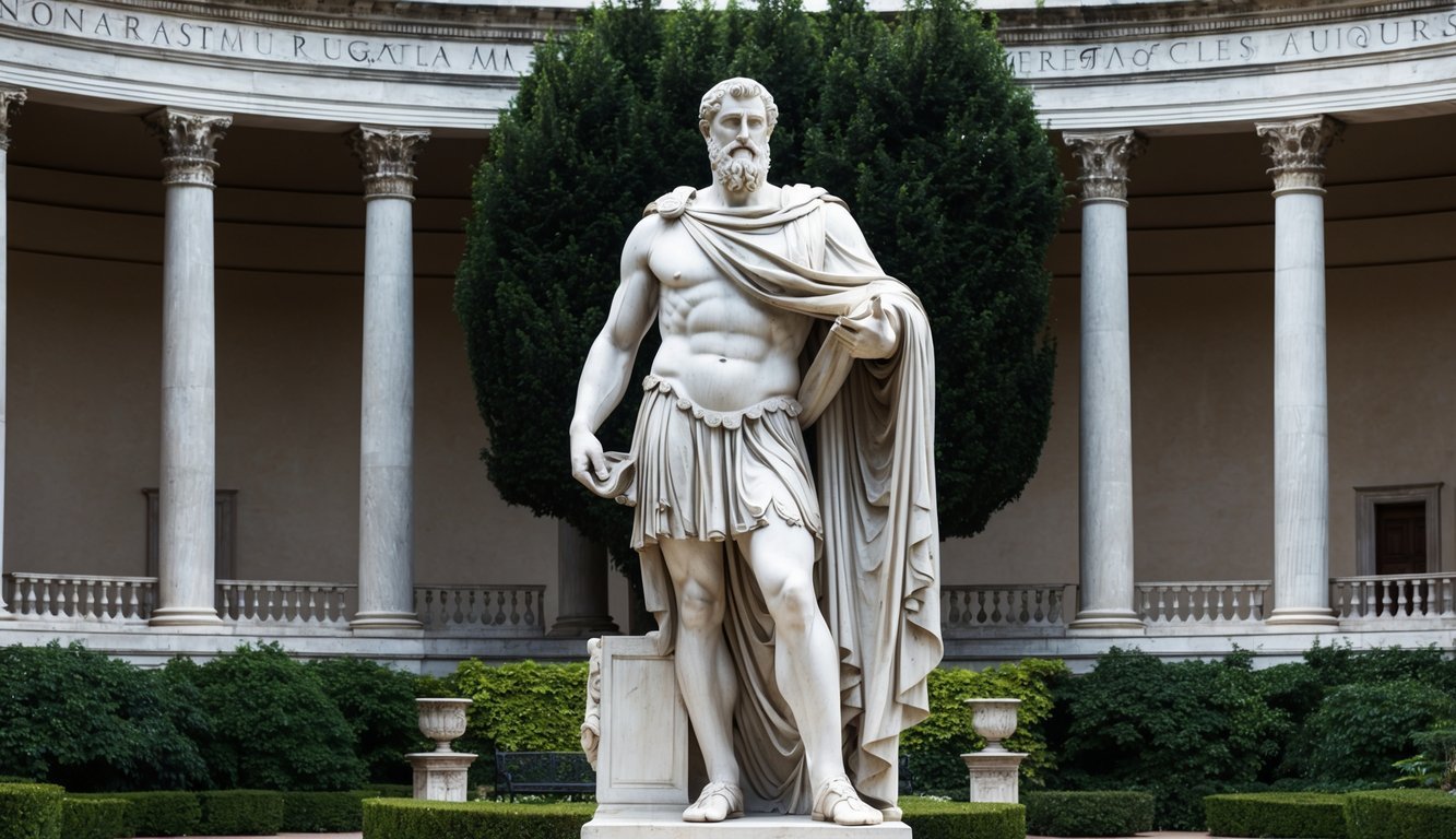A grand marble statue of Augustus stands in a regal courtyard, surrounded by columns and lush greenery.</p><p>The statue exudes power and authority, capturing the essence of the legendary ruler