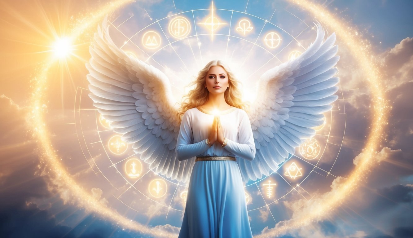 A radiant angelic figure surrounded by glowing symbols and spiritual imagery, emanating a sense of divine wisdom and insight