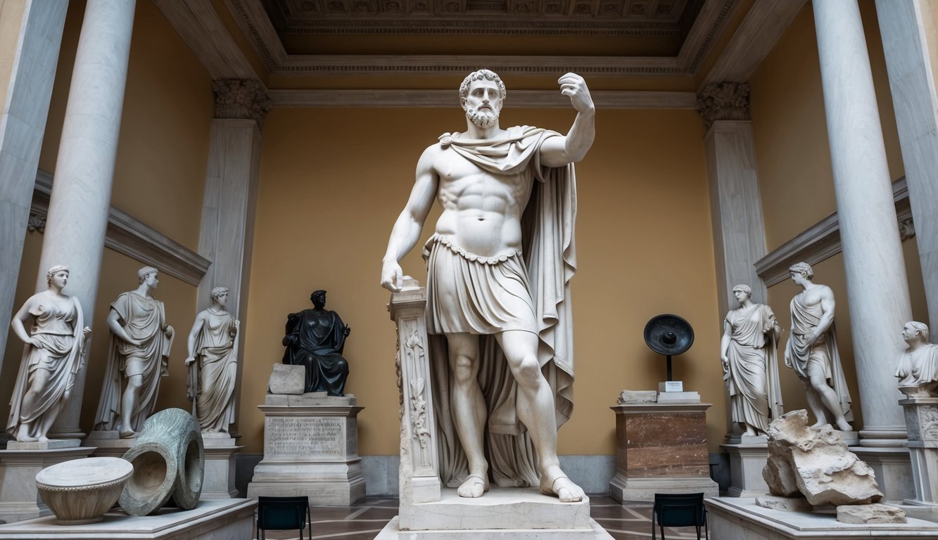 A grand marble statue of Augustus surrounded by ancient Roman artifacts and architecture, evoking power and influence