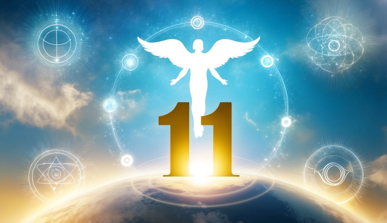 A heavenly figure hovers over a glowing number 11, surrounded by celestial symbols and ethereal light