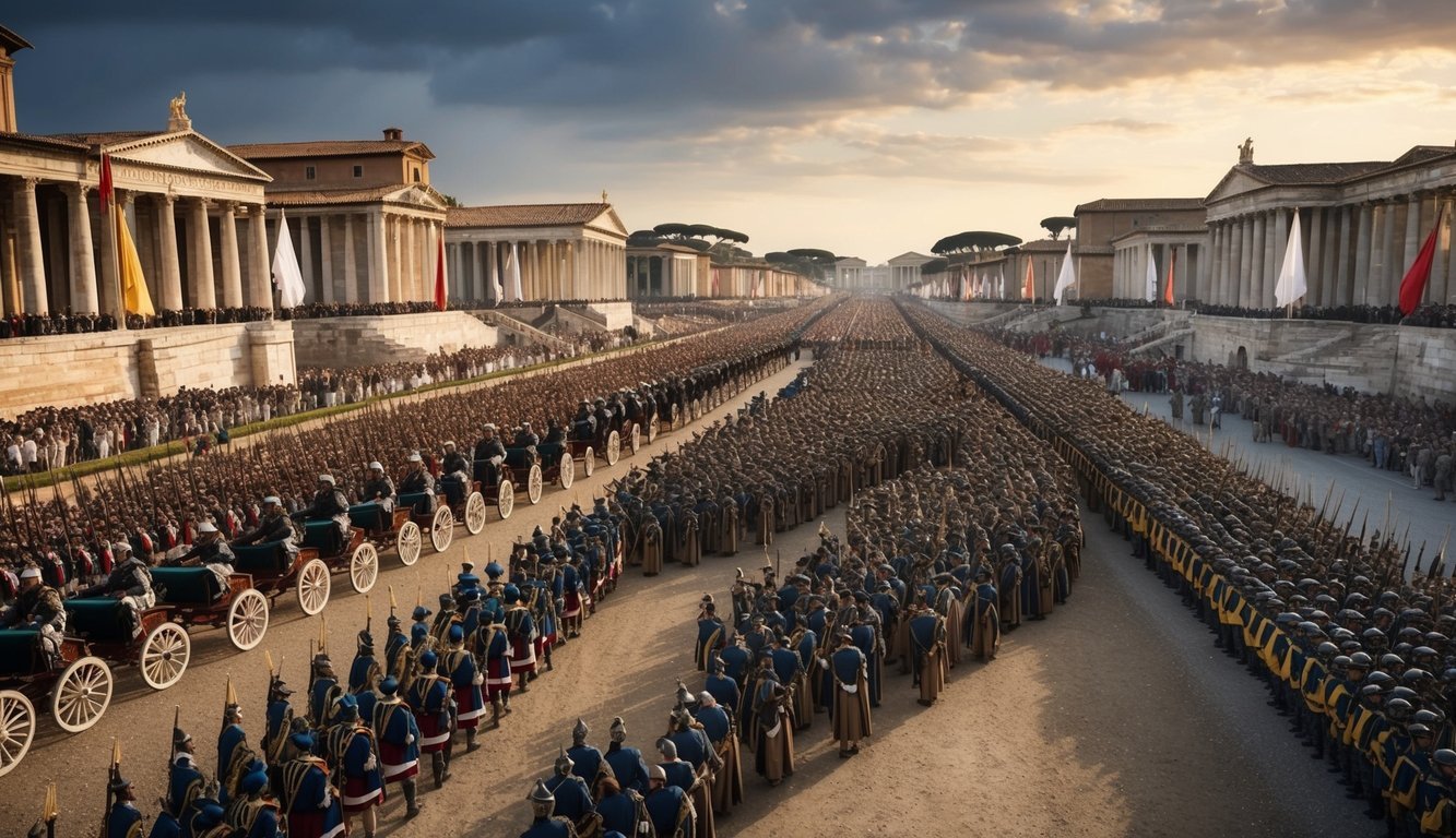 A grand military procession with soldiers, chariots, and banners, marking the boundaries of Augustus' empire