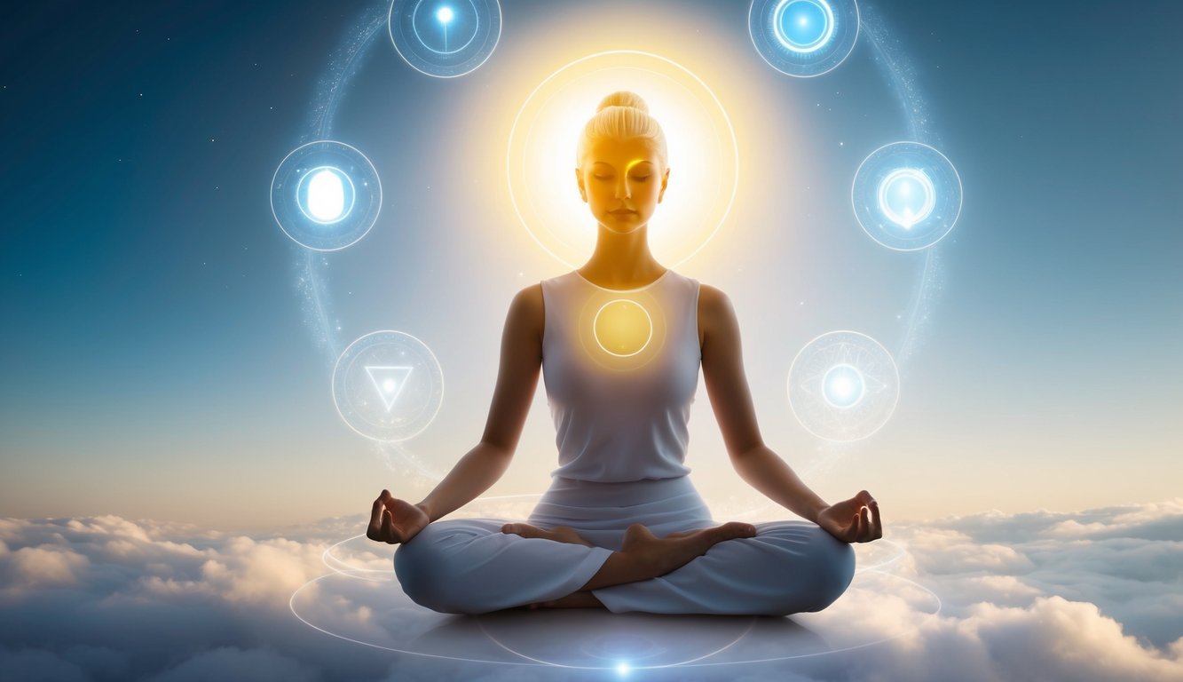 A serene figure meditates beneath a glowing halo, surrounded by ethereal symbols and a sense of spiritual connection