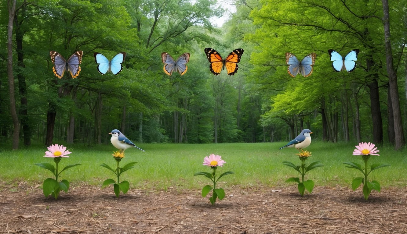 A serene forest clearing with four butterflies and four birds, all arranged in pairs, surrounded by four blooming flowers