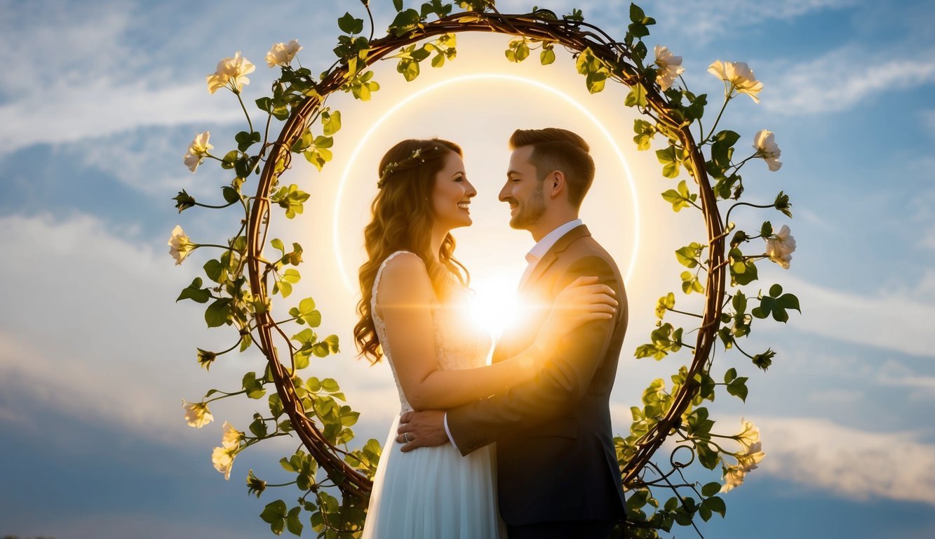 A couple standing beneath a glowing halo, surrounded by intertwining vines and blooming flowers, their love and connection radiating outwards