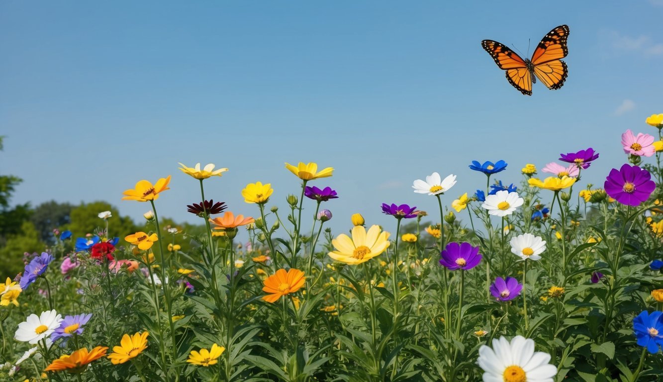 A serene garden with 44 flowers of various colors blooming under a clear sky, while a butterfly with 44 spots flutters nearby