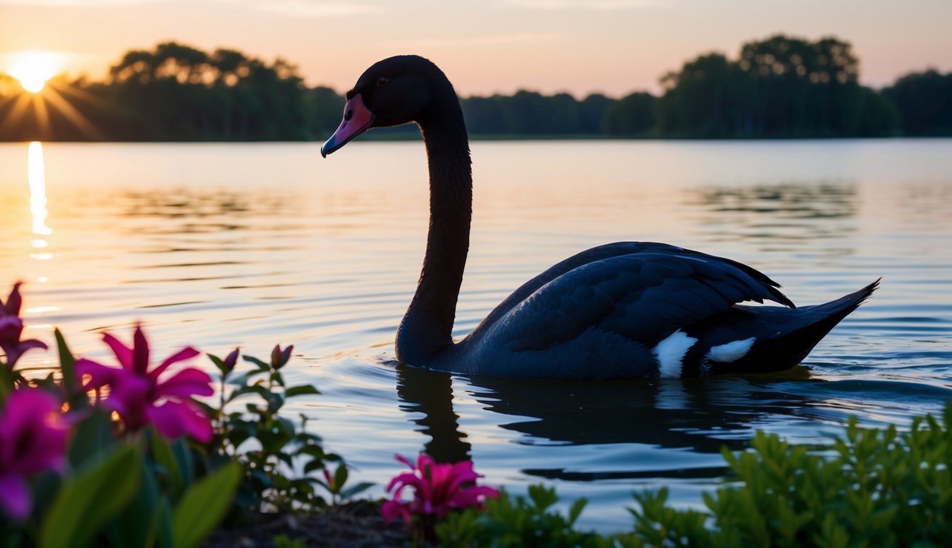 A majestic black swan glides across a serene lake, surrounded by vibrant flora and fauna, with the sun setting in the background