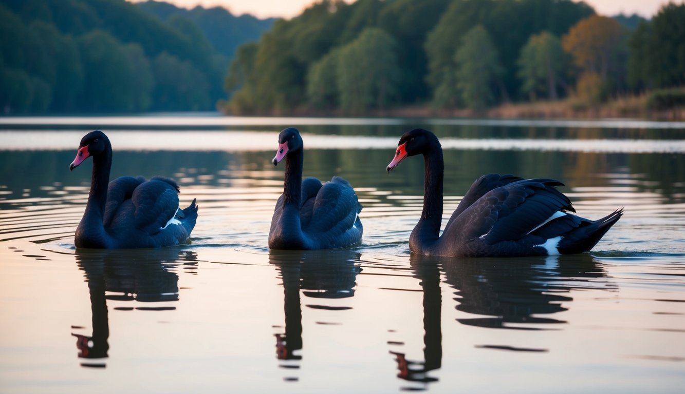 A tranquil lake reflects the elegant forms of black swans gliding through the water, embodying the enigmatic beauty of nature