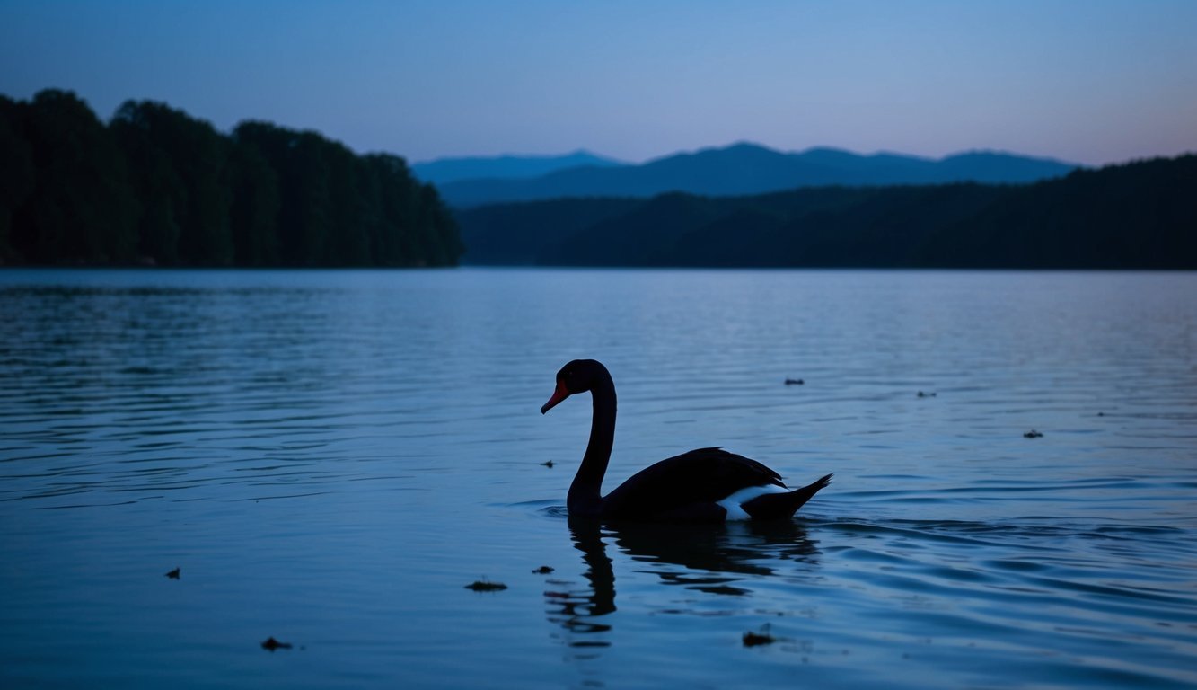 A serene lake at night, with a lone black swan gliding across the water, surrounded by floating feathers