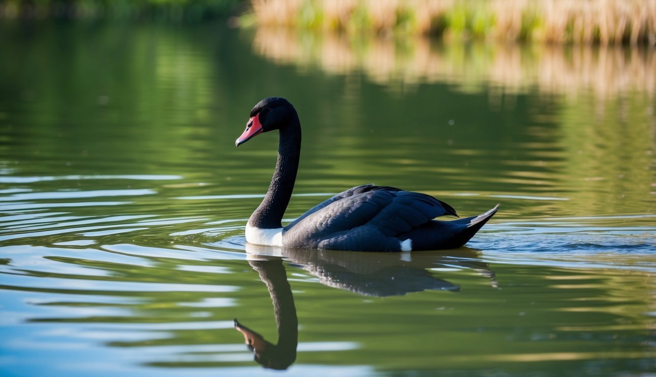 A black swan swimming gracefully in a serene, reflective pond