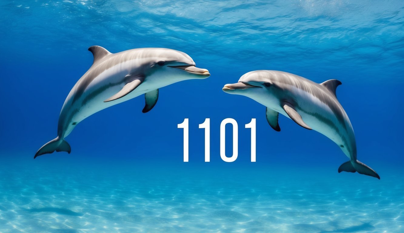 A serene underwater scene with two dolphins swimming gracefully in a pattern resembling the angel number 1101 1101