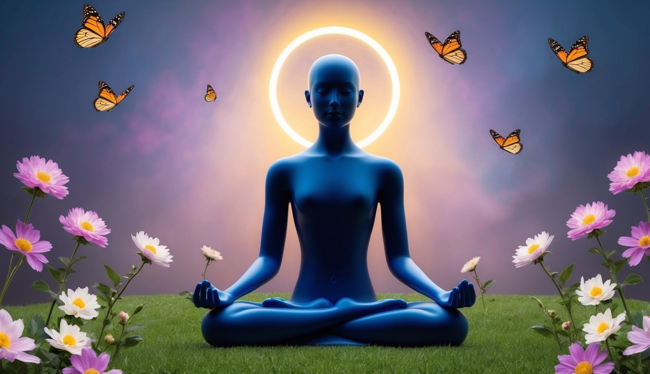 A figure meditates under a glowing halo, surrounded by blooming flowers and ascending butterflies