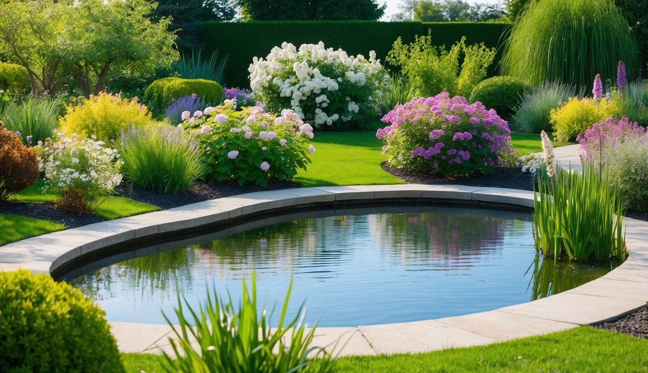 A serene garden with blooming flowers and a tranquil pond, surrounded by balanced and harmonious natural elements