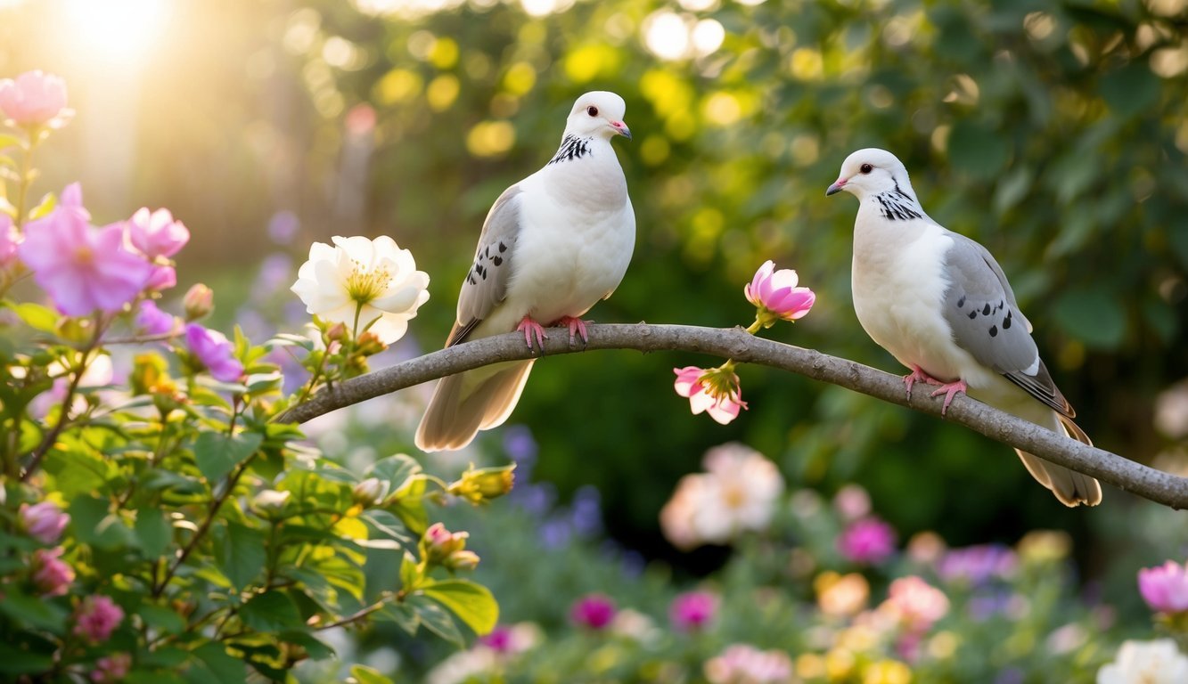 A serene garden with blooming flowers and a pair of doves perched on a branch, surrounded by a soft golden light