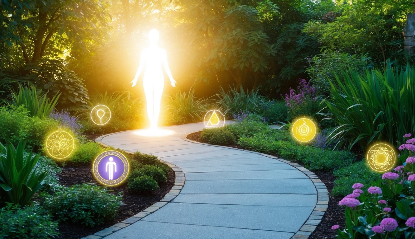 A serene garden with a winding path leading to a glowing, ethereal figure surrounded by symbols of personal growth and spirituality