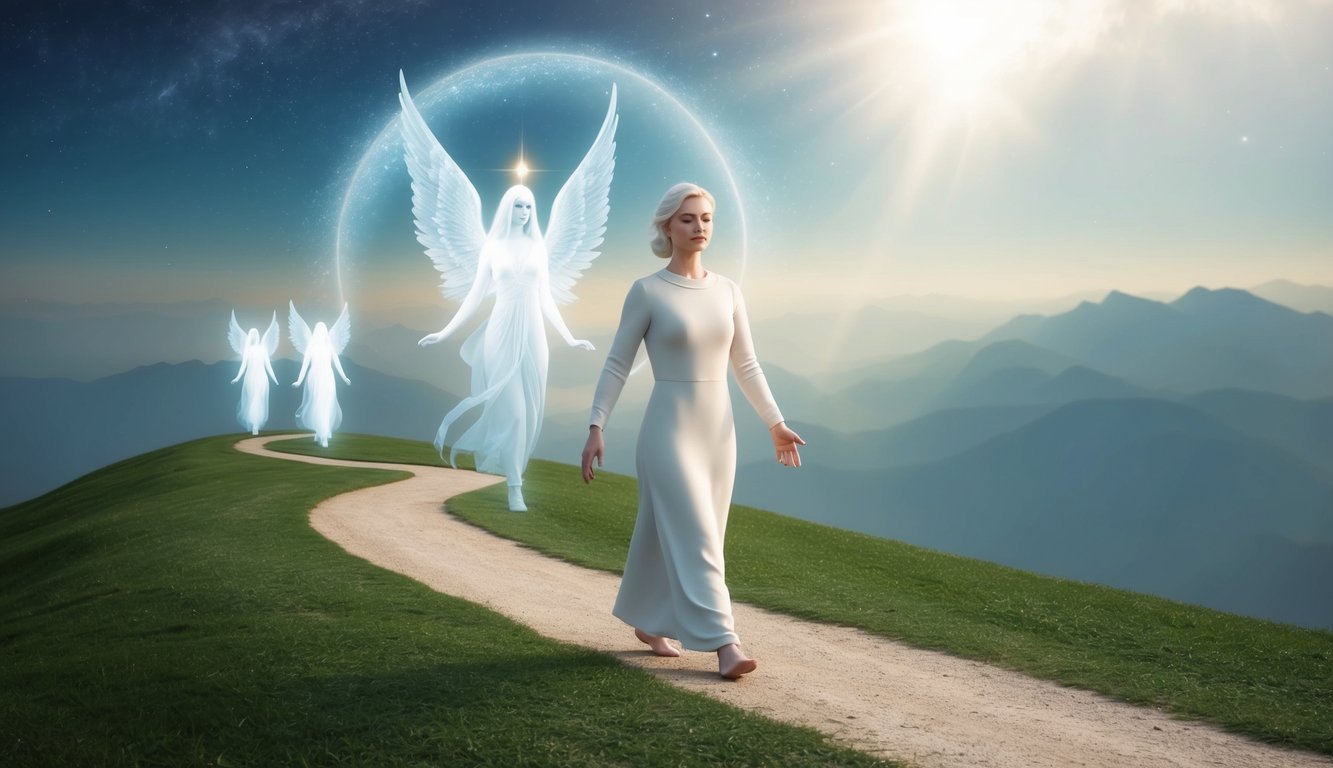 A serene figure walks along a winding path, surrounded by ethereal light and guided by celestial beings