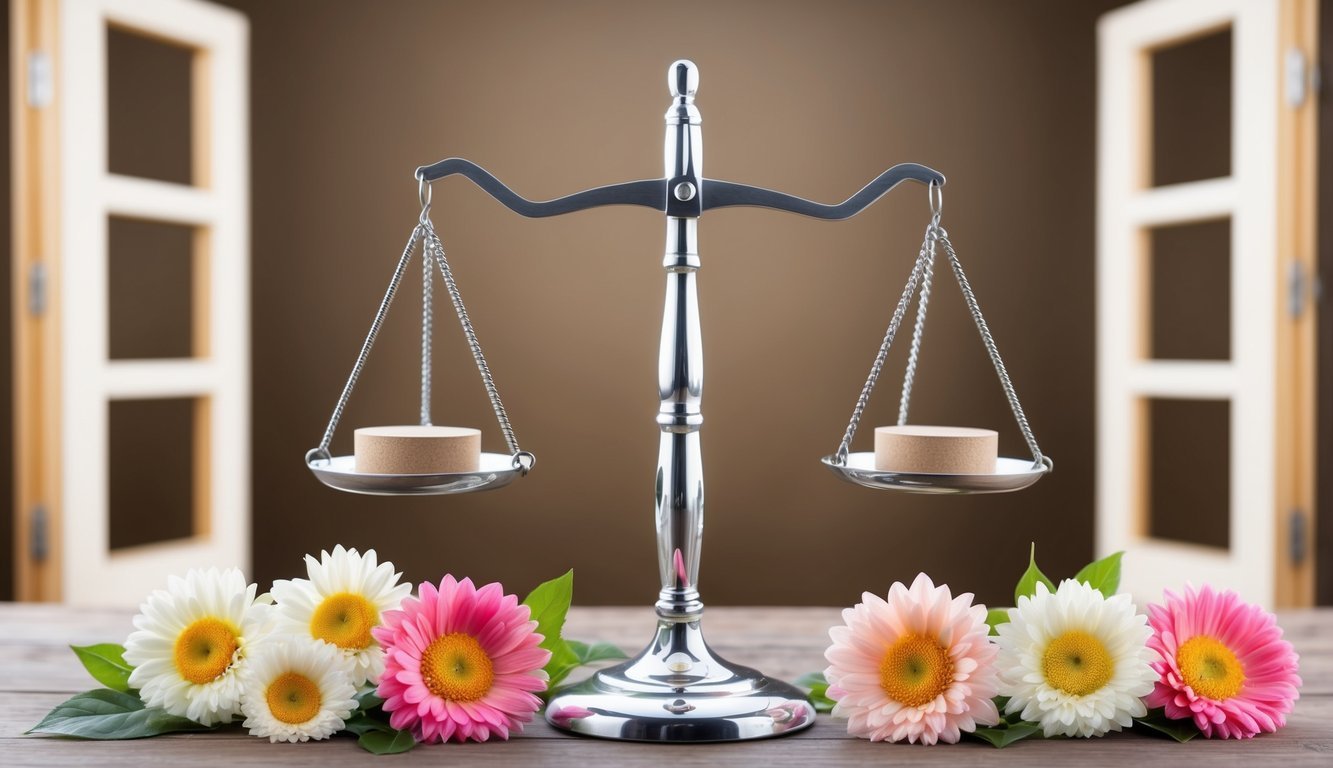 A scale with equal weights on each side, surrounded by blooming flowers and open doors symbolizing balance in relationships and opportunities