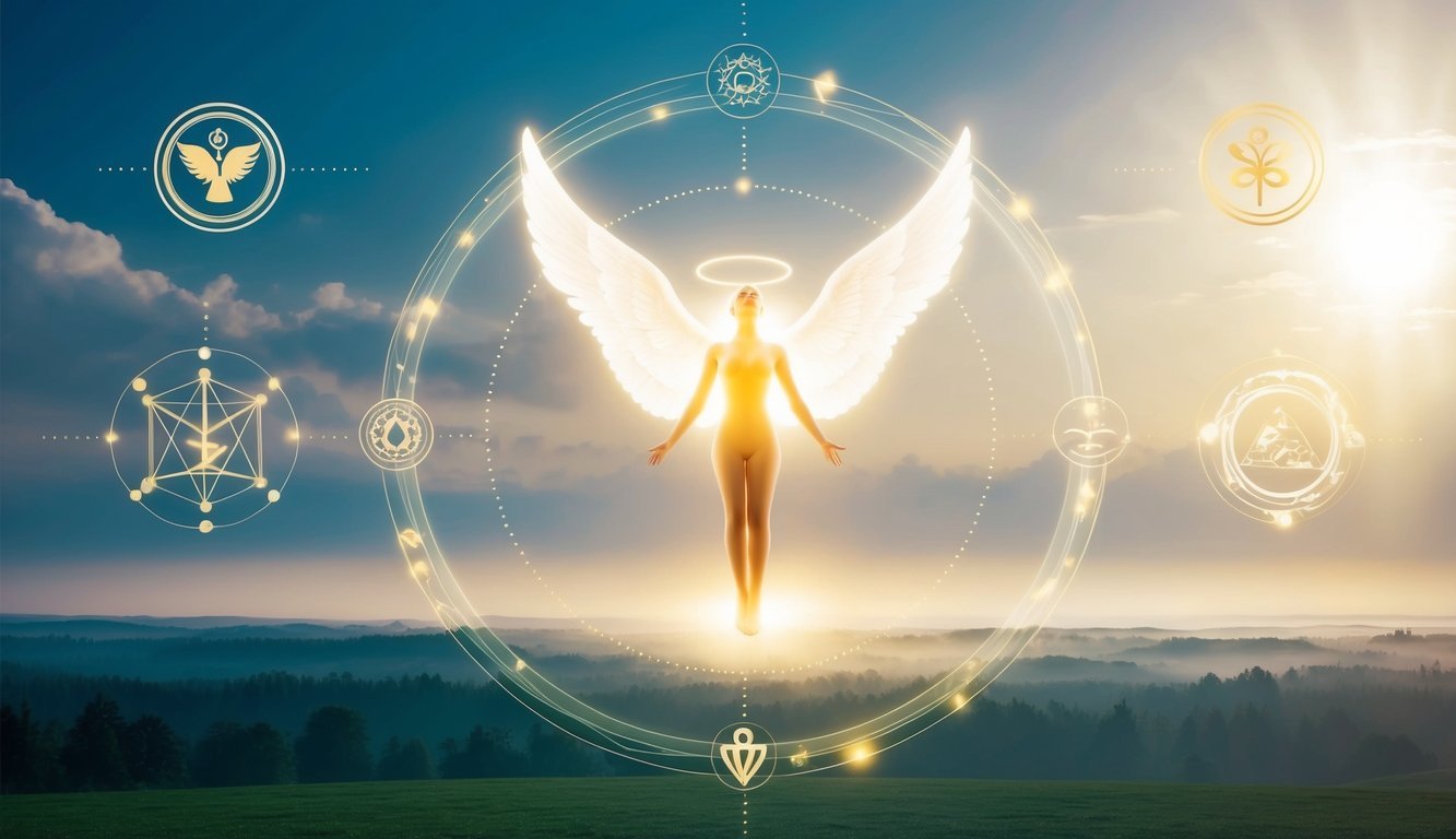 A glowing angelic figure hovers over a serene landscape, surrounded by symbols of transformation and divine energy