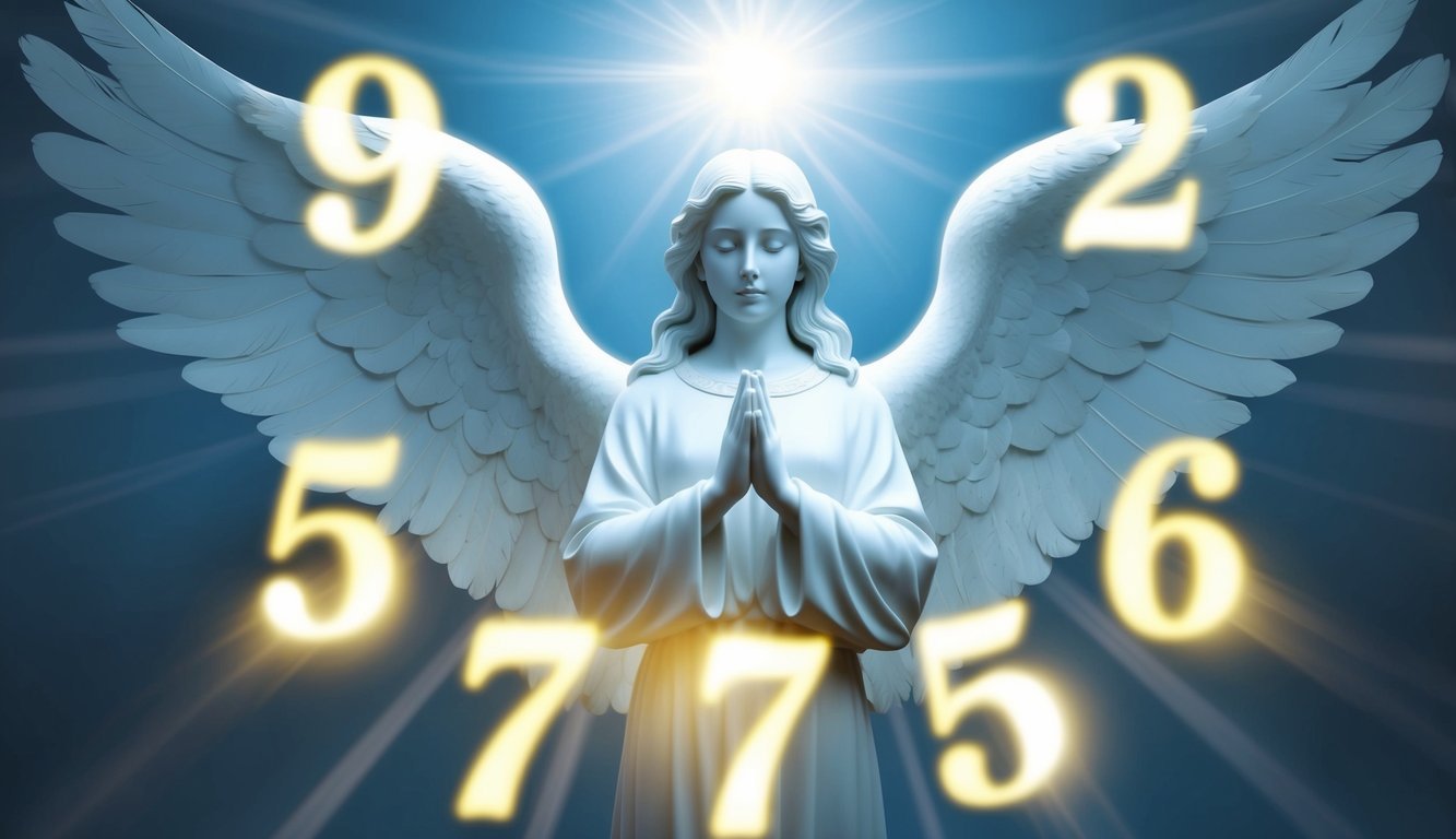 A serene angelic figure surrounded by glowing numbers, radiating a sense of spiritual significance