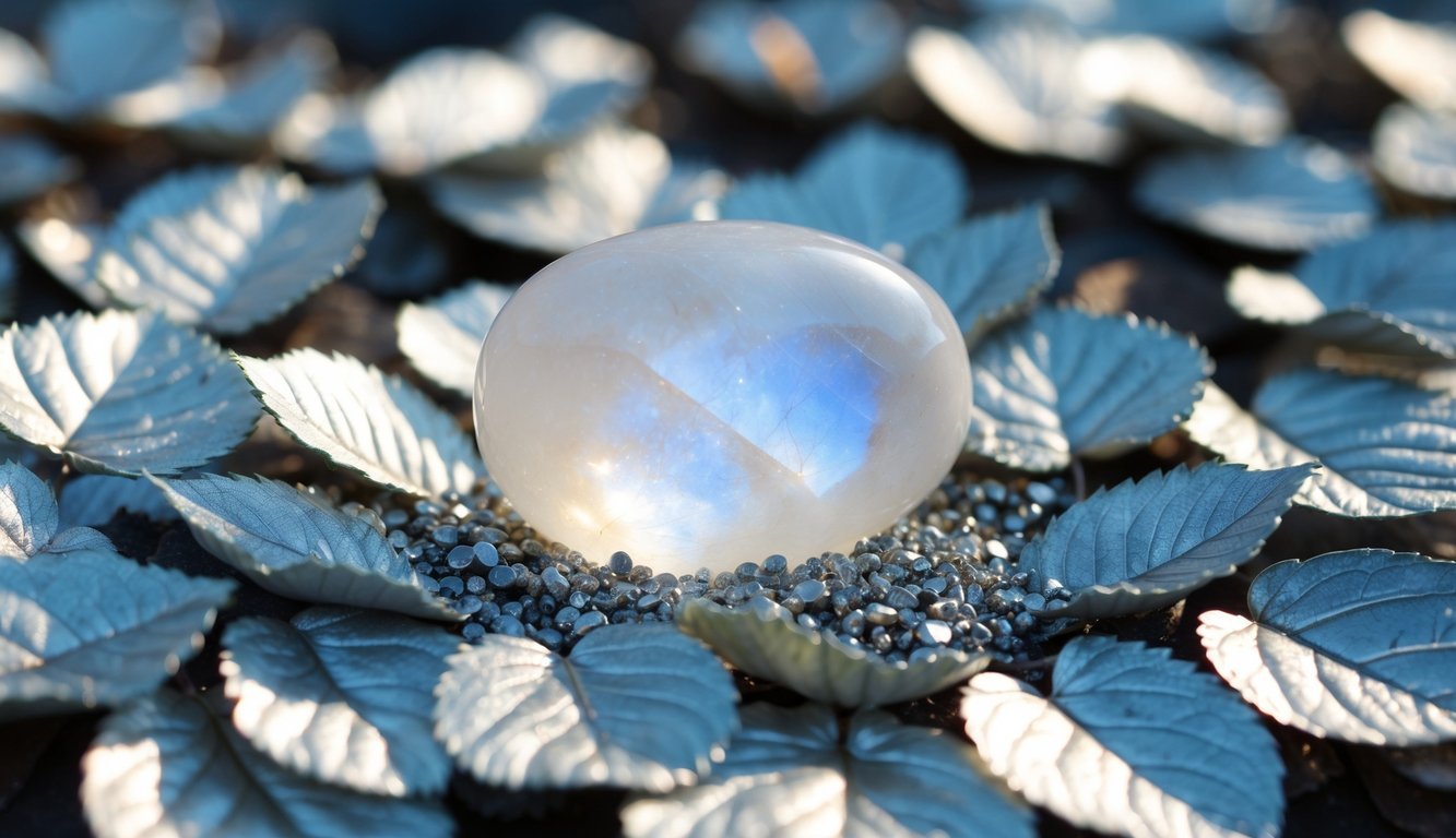 A moonstone nestled in a bed of silver leaves, emanating a soft, ethereal glow in the moonlight