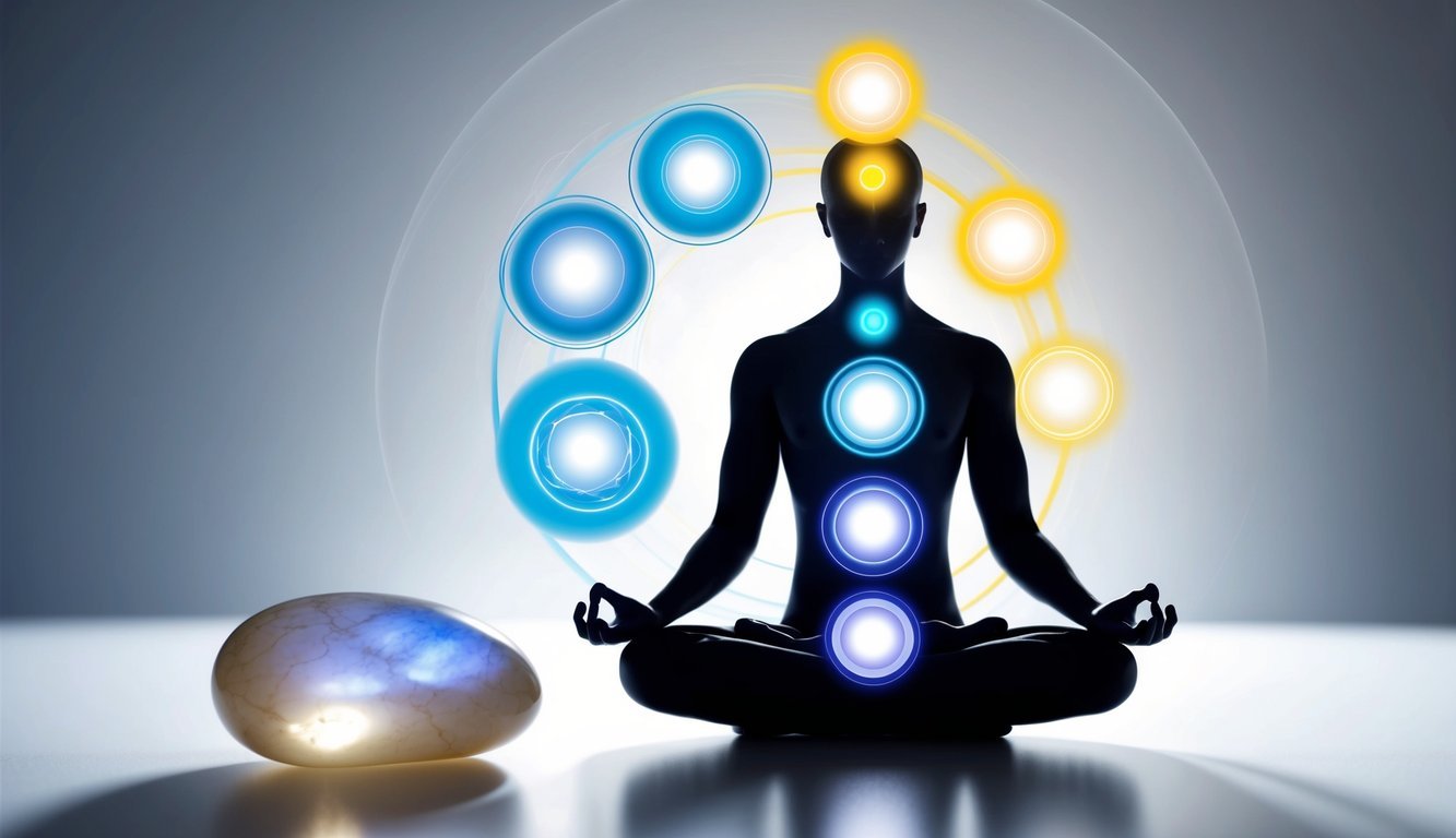 A figure meditates, surrounded by swirling energy representing the seven chakras.</p><p>A glowing moonstone rests nearby, radiating a sense of cleansing and spiritual renewal