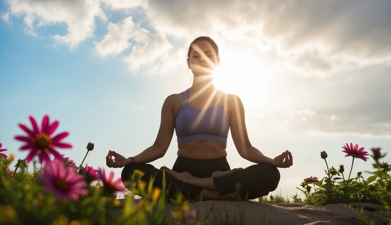 A person meditating in nature, surrounded by vibrant flowers and a clear sky, with rays of sunlight breaking through the clouds