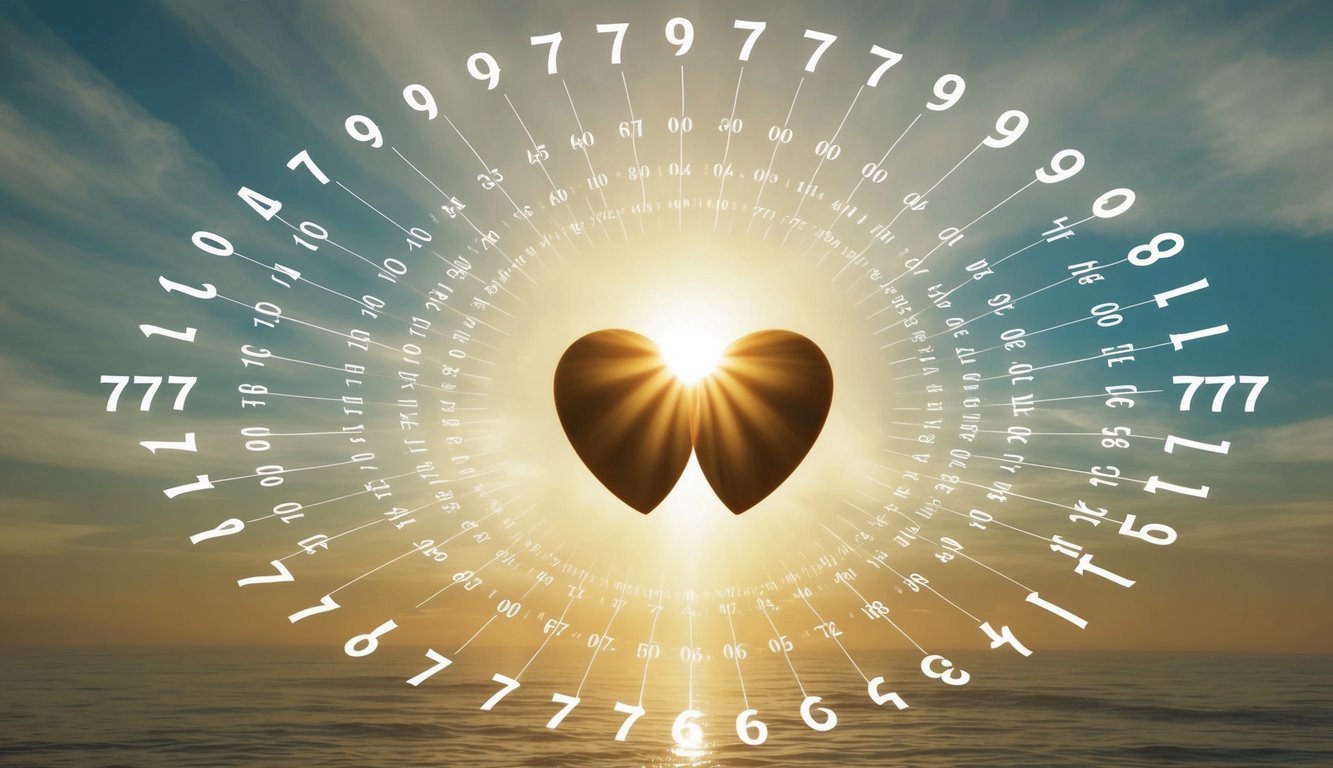 Two interconnected hearts surrounded by a halo of 777 777 angel numbers, radiating a sense of harmony and spiritual alignment