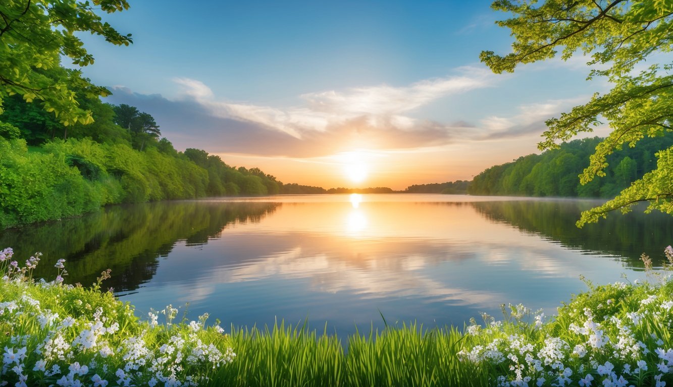 A serene landscape with a sunrise over a calm body of water, surrounded by lush greenery and blooming flowers, symbolizing new beginnings and spiritual potential